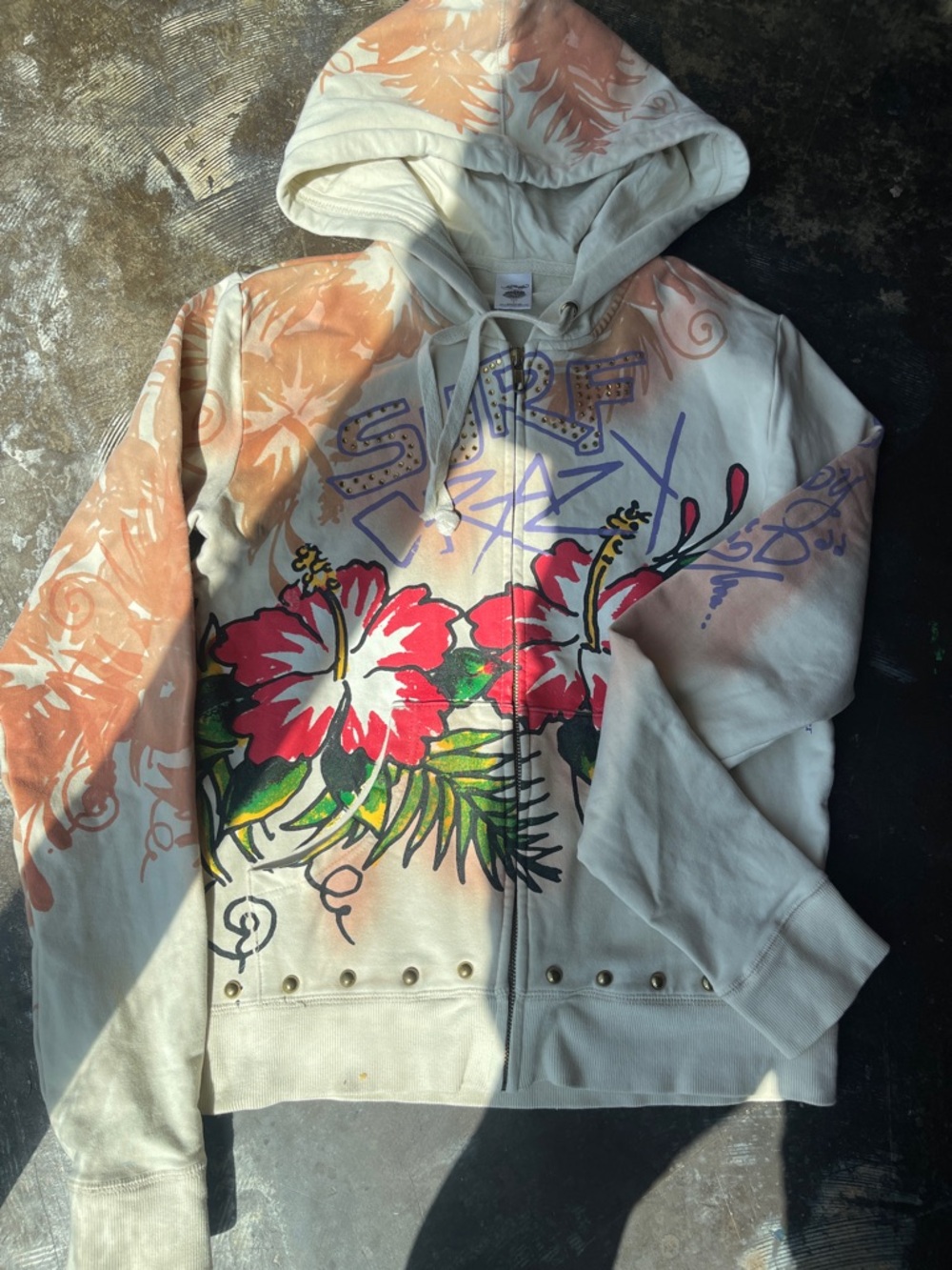 Ed Hardy Cream Hoodie with Purple and Gold Stud Accents